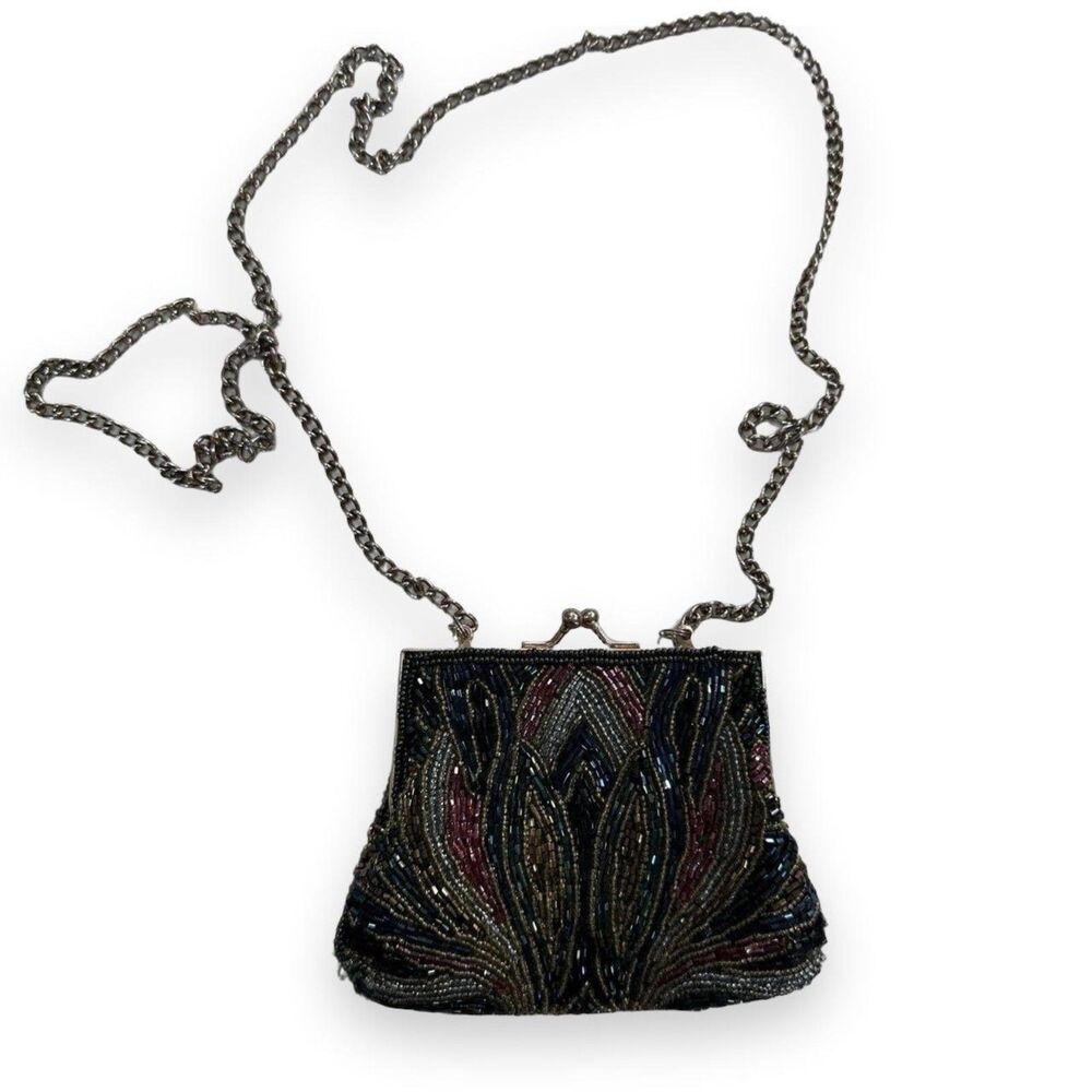 Vintage Handmade All Beaded Black Evening Clutch Purse Crossbody Bag